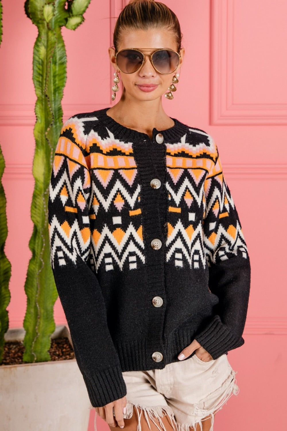 The Precious Merino Ethnic Pattern Button Up Knit Cardigan