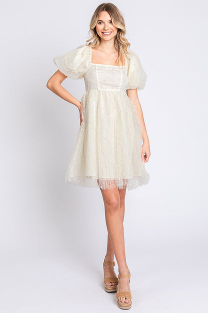 Sansplay Pearl Mesh Puff Sleeve Babydoll Dress