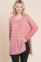 Sans Oversize Striped Round Neck Long Sleeve Slit T-Shirt