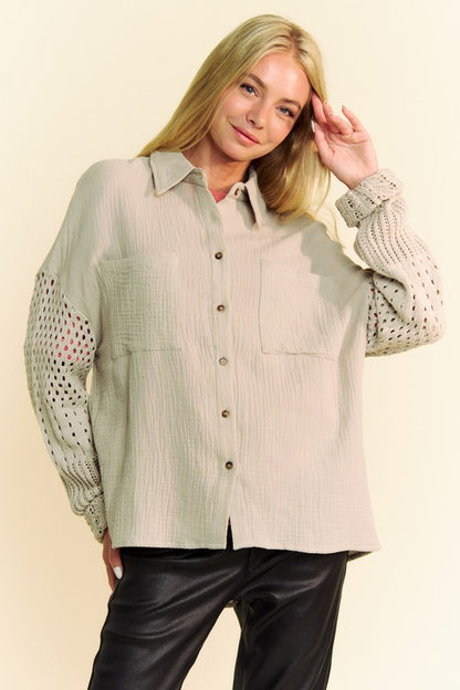 The Must-Have Crochet Sleeve Crinkled Texture Shirt