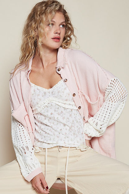 The Cashmere Dream Openwork Lantern Sleeve Button Down Gauze Shirt