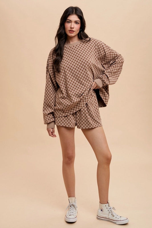 Sansplay Luxe Two-Piece Checkered Round Neck Top and Drawstring Shorts Set