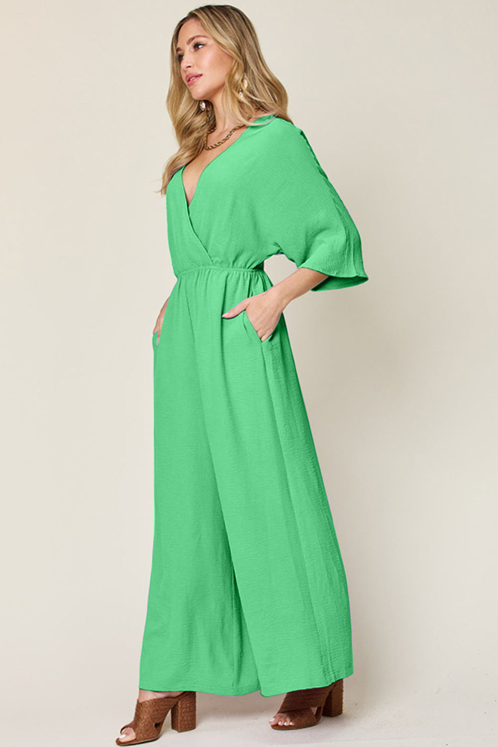 Full Size Surplice Wide Leg Jumpsuit with Pockets