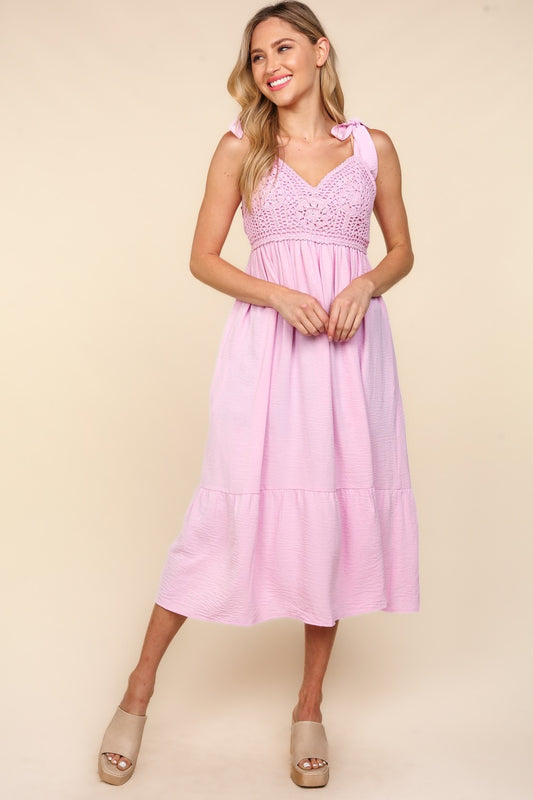 Aura of Elegance Crochet Lace Ruffle Hem Cami Midi Dress