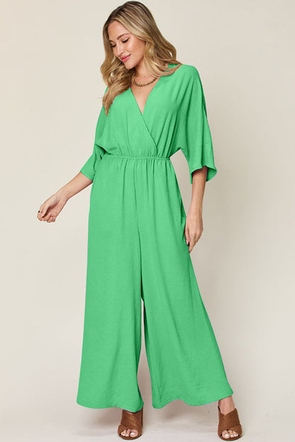 Full Size Surplice Wide Leg Jumpsuit with Pockets