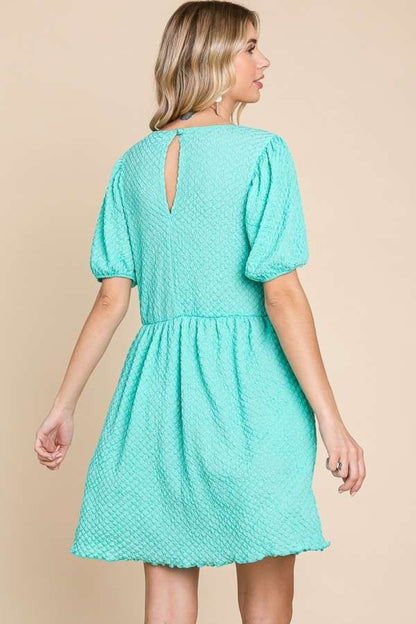 SKY BLUE Textured Round Neck Puff Sleeve Dress