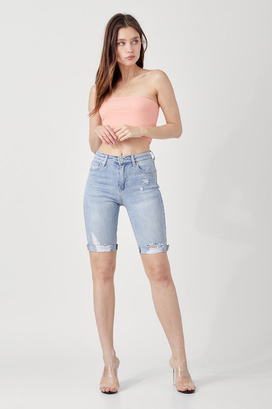 Sapphire Bloom Distressed Denim Bermuda Shorts