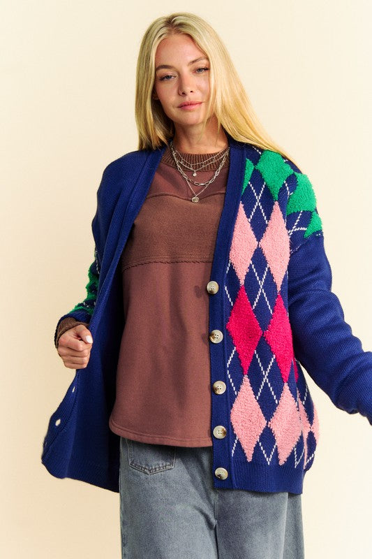 The Couture Knit Argyle V-Neck Dropped Shoulder Cardigan