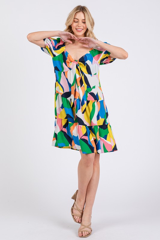 Heart's Desire Abstract Print Sweetheart Neck Puff Sleeve Dress