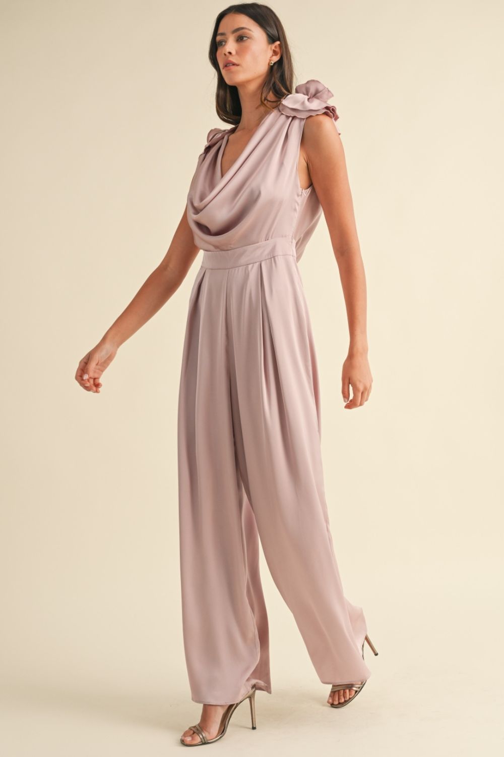 Dreamscapes 3D Floral Applique Deep Cowl Neck Jumpsuit