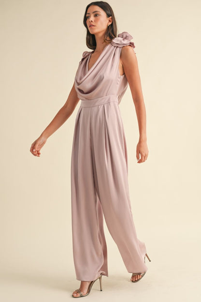 Dreamscapes 3D Floral Applique Deep Cowl Neck Jumpsuit