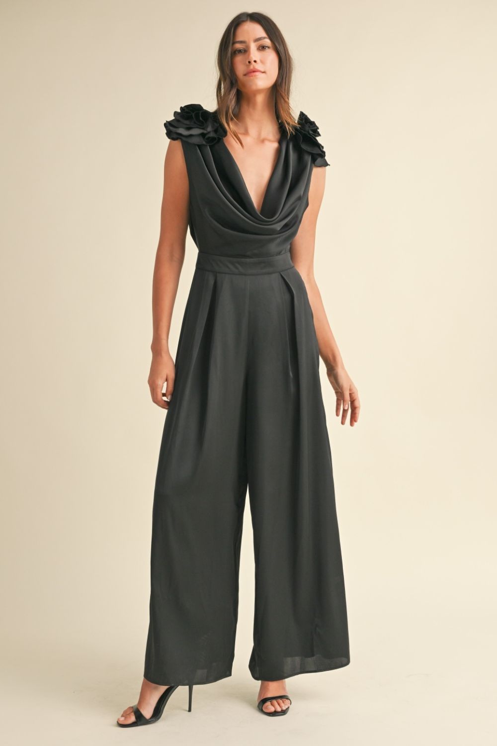 Sansplay Celestial Nights Party Floral Applique Deep Cowl Neck Jumpsuit