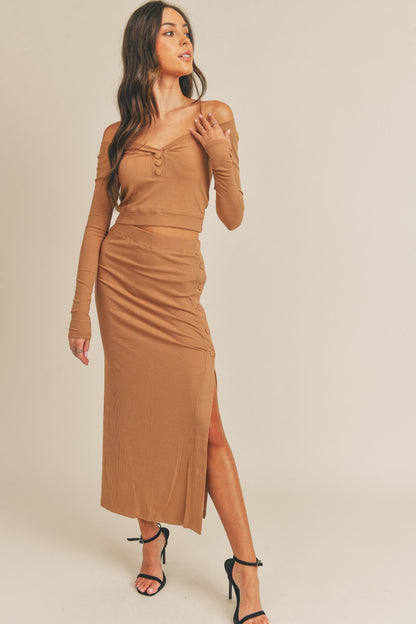 Sansplay Detail Crop Top and Slit Midi Skirt Set