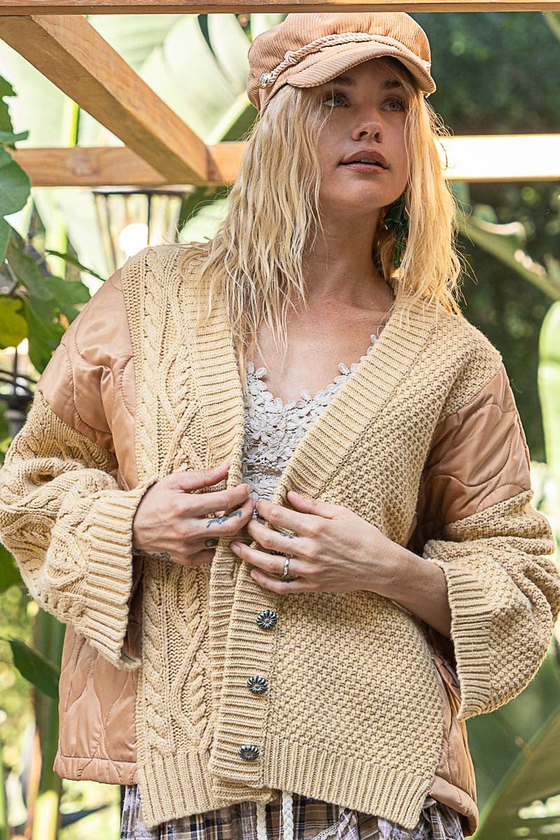 Sansplay Quilting Patch Button Up Cable Knit Jacket