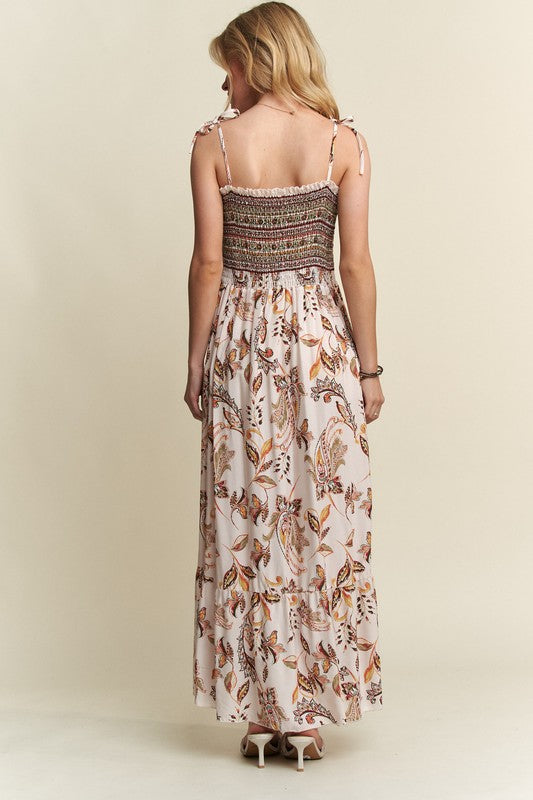 Heart's Desire Smocked Printed Square Neck Tie Shoulder Cami Dress