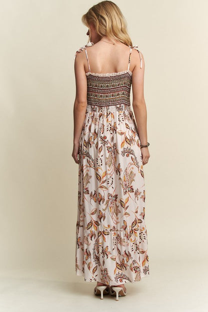 Heart's Desire Smocked Printed Square Neck Tie Shoulder Cami Dress