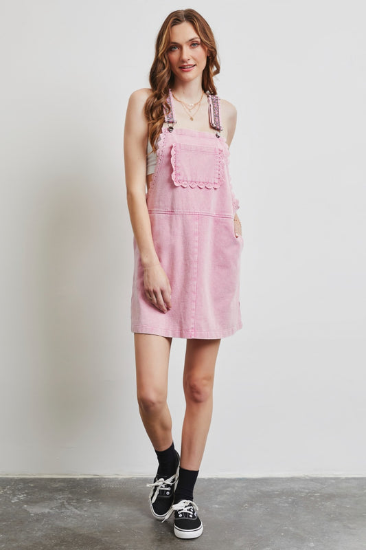 Sansplay Lace Trim Washed Overall Dress