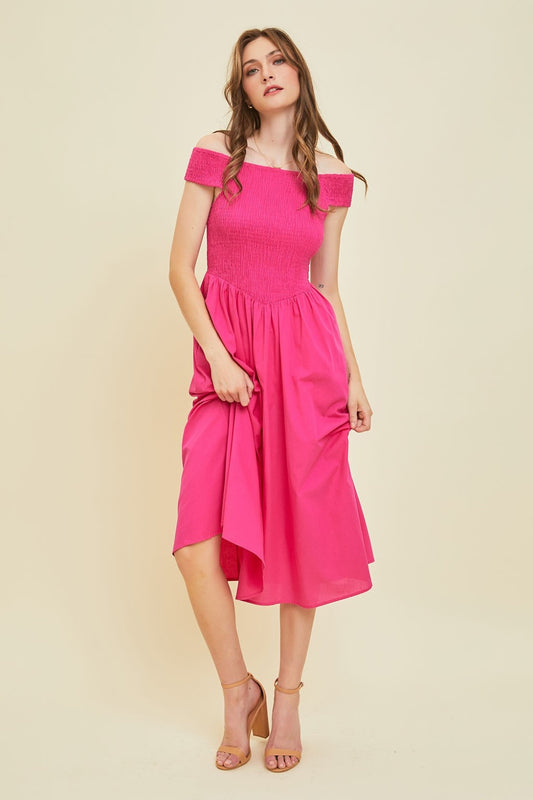 Whimsy Off-Shoulder Smocked Midi Dress