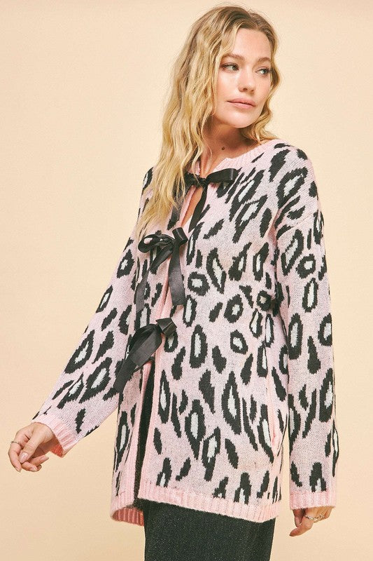 The Couture Knit Leopard Ribbon Tie Front Loose Fit Cardigan