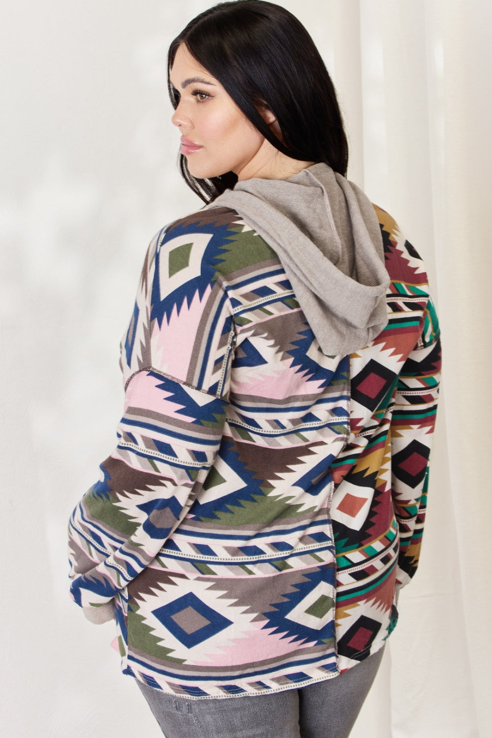 Full Size Geometric Exposed Seam Drawstring Hoodie