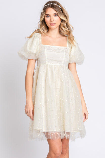 Sansplay Pearl Mesh Puff Sleeve Babydoll Dress