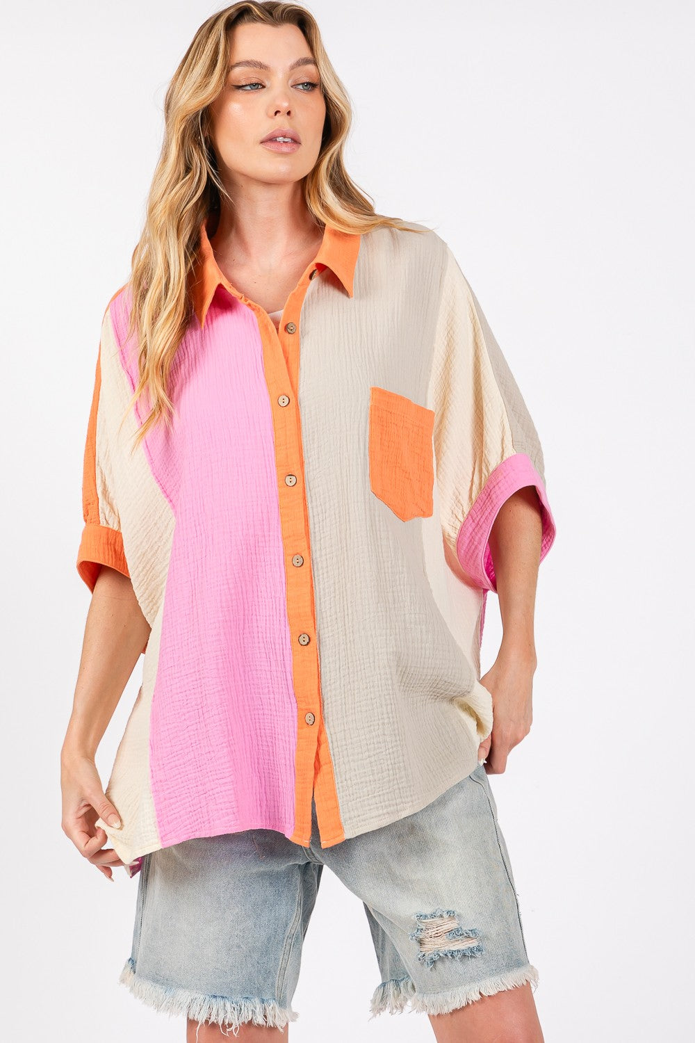 Captivate Full Size Color Block Button-Down Shirt