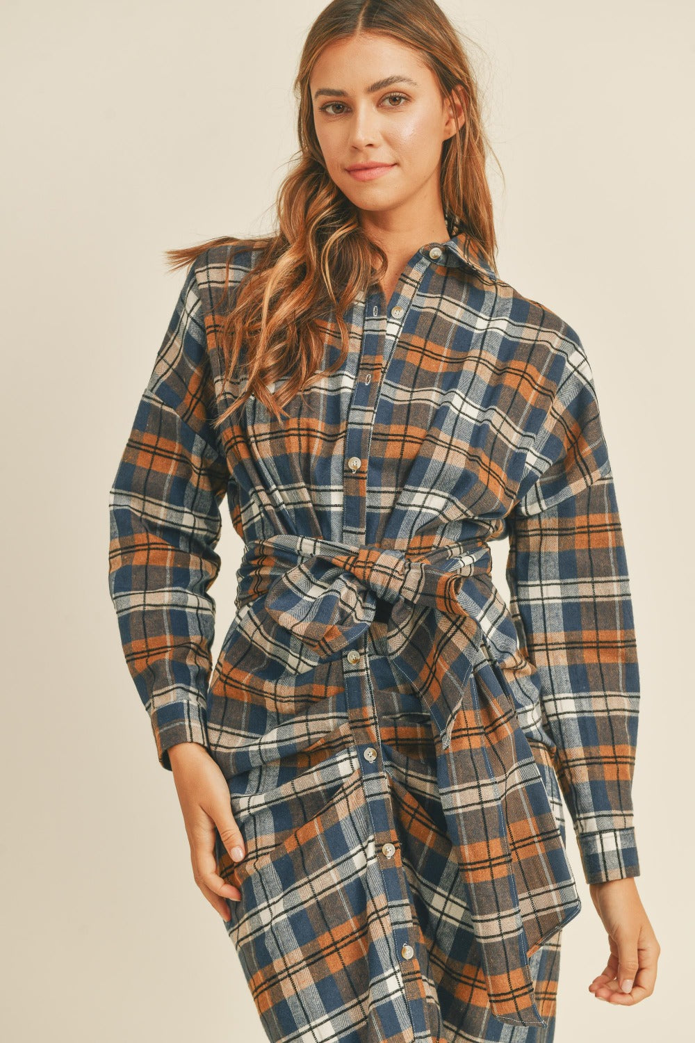 Sans Plaid Flannel Front Tie Button Down Shirt Dress