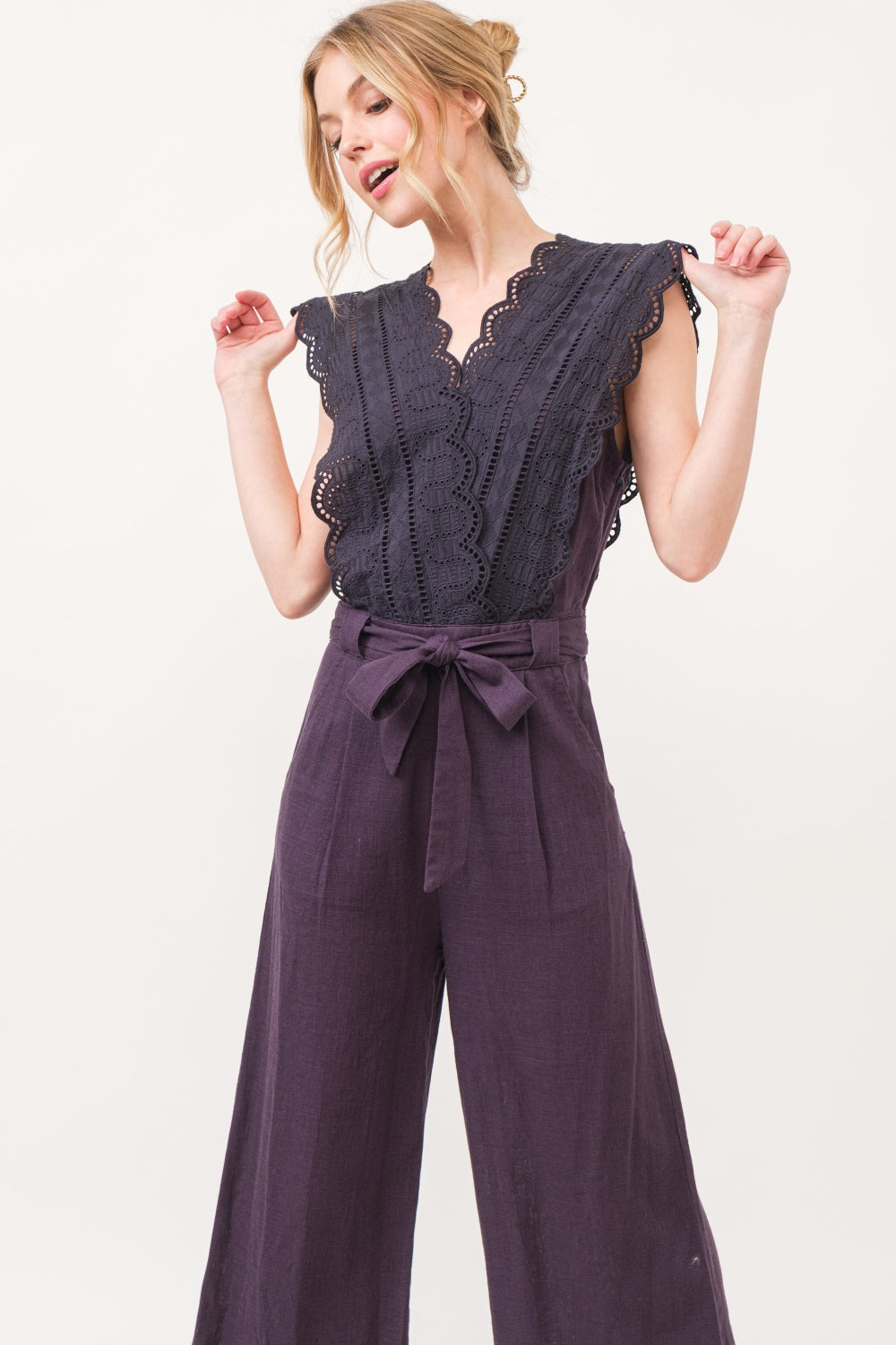 Captivate Event style Laced Surplice Tie Waist Jumpsuit