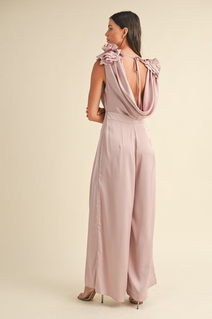 Dreamscapes 3D Floral Applique Deep Cowl Neck Jumpsuit