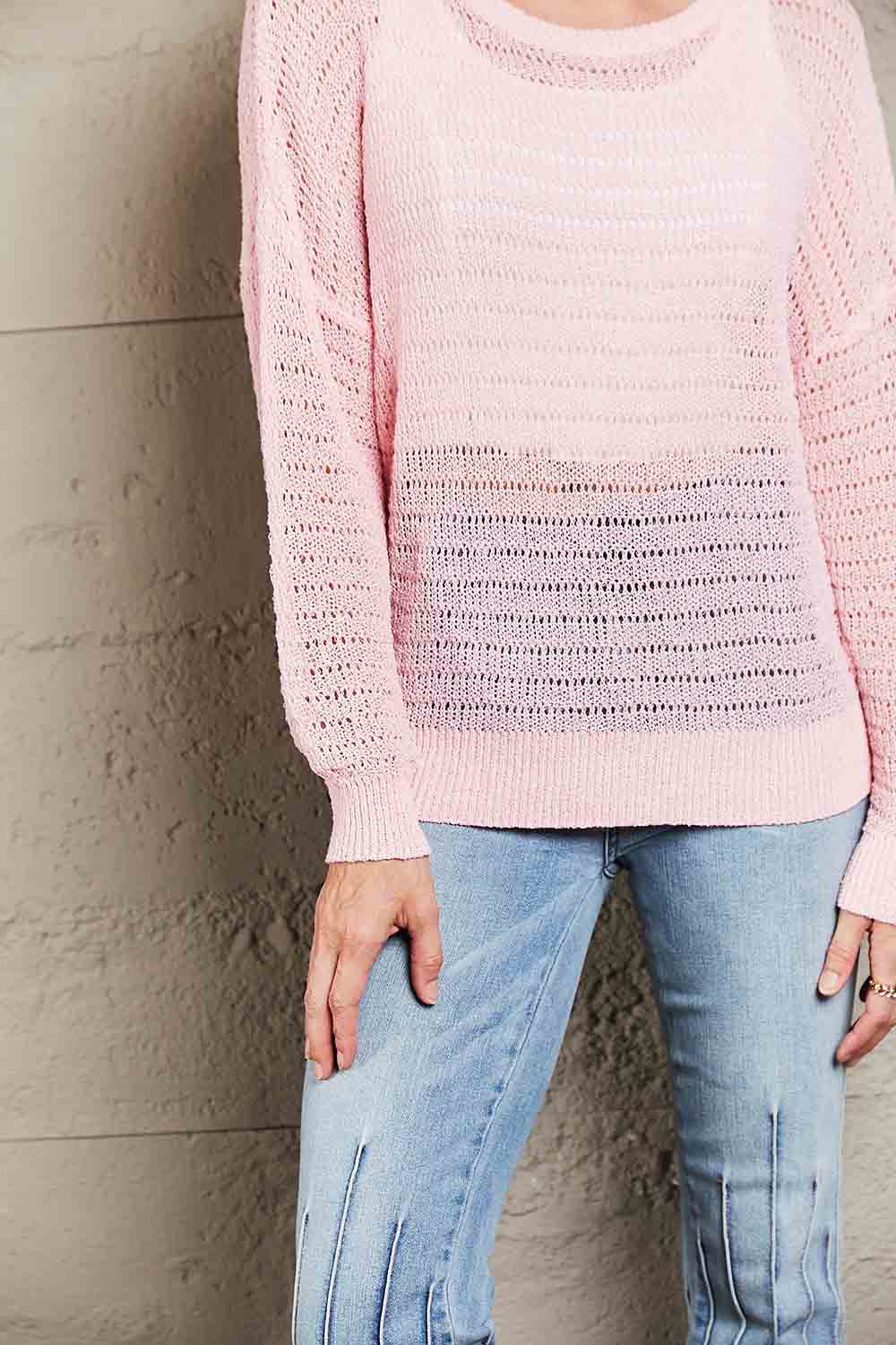 Openwork Round Neck Dropped Shoulder Knit Top
