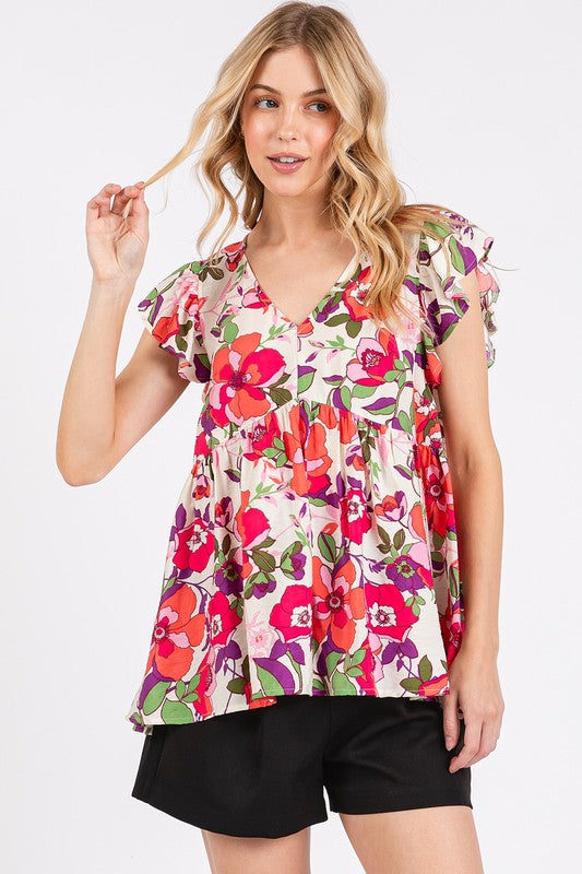 Urban Romance Floral V-Neck Ruffled Cap Sleeve Blouse