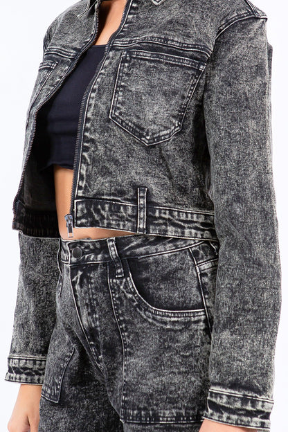 Sansplay Overdyed Bleached Zip Up Cropped Jacket