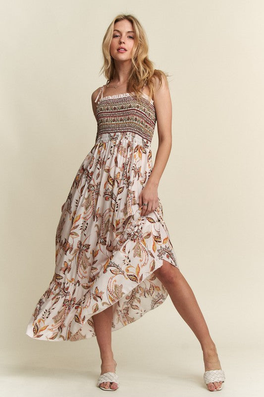 Heart's Desire Smocked Printed Square Neck Tie Shoulder Cami Dress