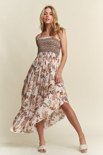 Heart's Desire Smocked Printed Square Neck Tie Shoulder Cami Dress