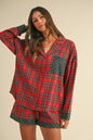 Sansplay Luxe Two-Piece Contrast Plaid Long Sleeve Top and Shorts Set