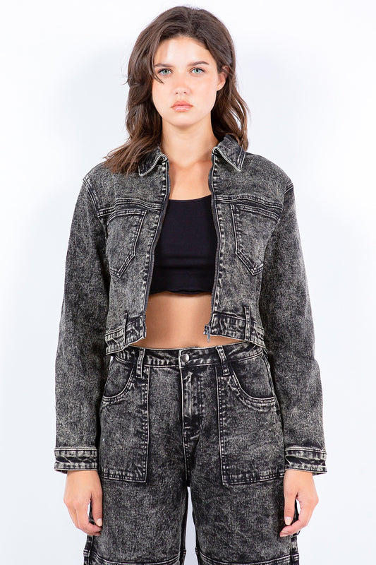 Sansplay Overdyed Bleached Zip Up Cropped Jacket