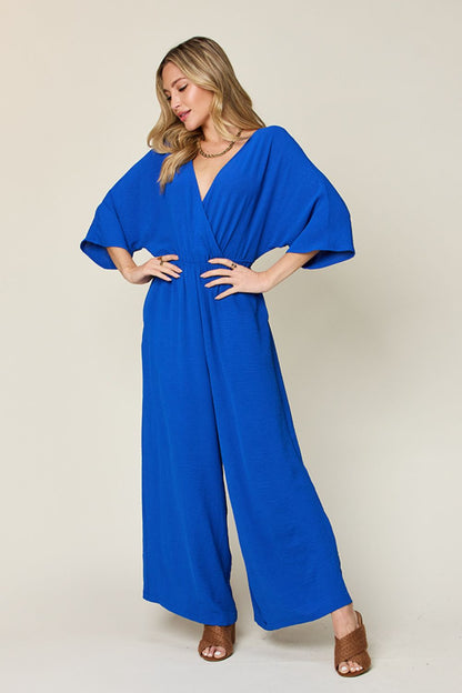 Full Size Surplice Wide Leg Jumpsuit with Pockets