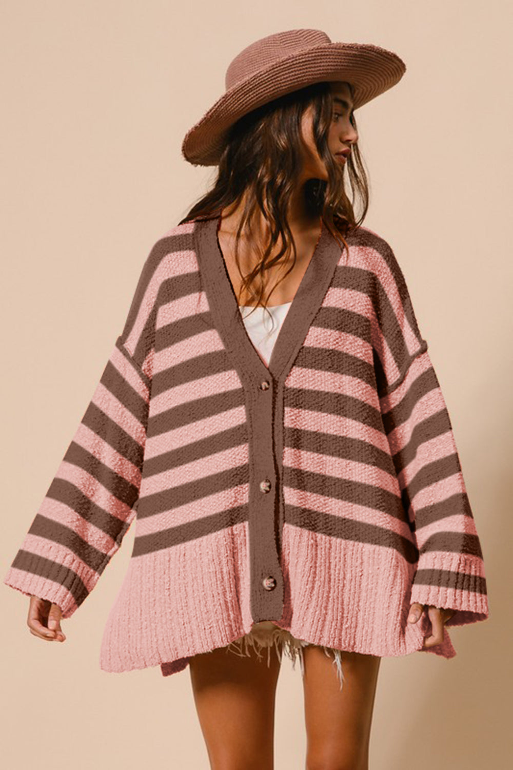 The Winter's Delight Slit Striped V-Neck Button Up Cardigan