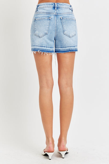Heritage Denim High Rise Distressed Hem Denim Shorts