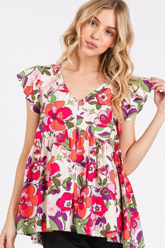 Urban Romance Floral V-Neck Ruffled Cap Sleeve Blouse