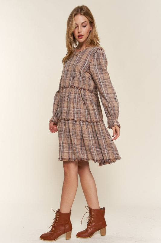The Minimalist Washed Frayed Tiered Plaid Dress