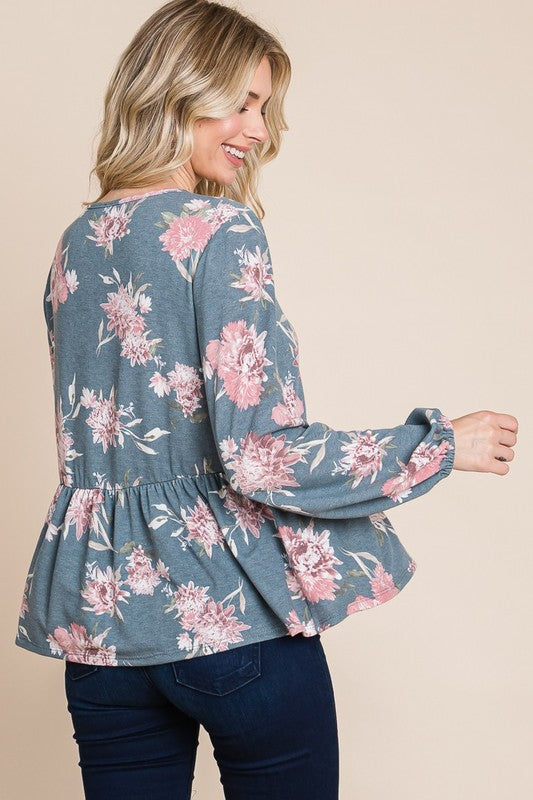 SANSPLAY Babydoll Floral Long Sleeve Blouse