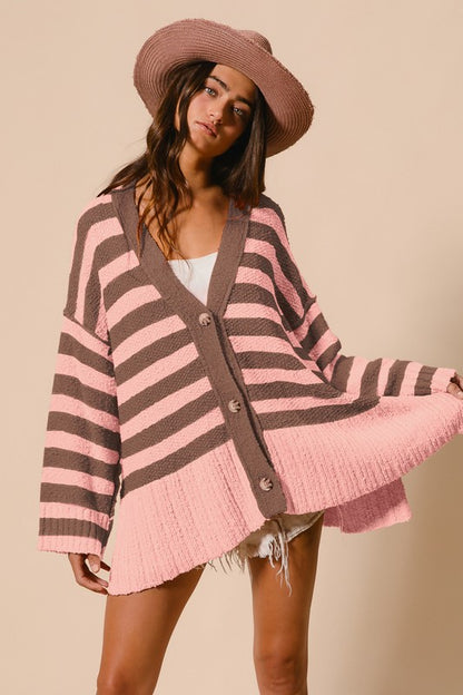 The Winter's Delight Slit Striped V-Neck Button Up Cardigan