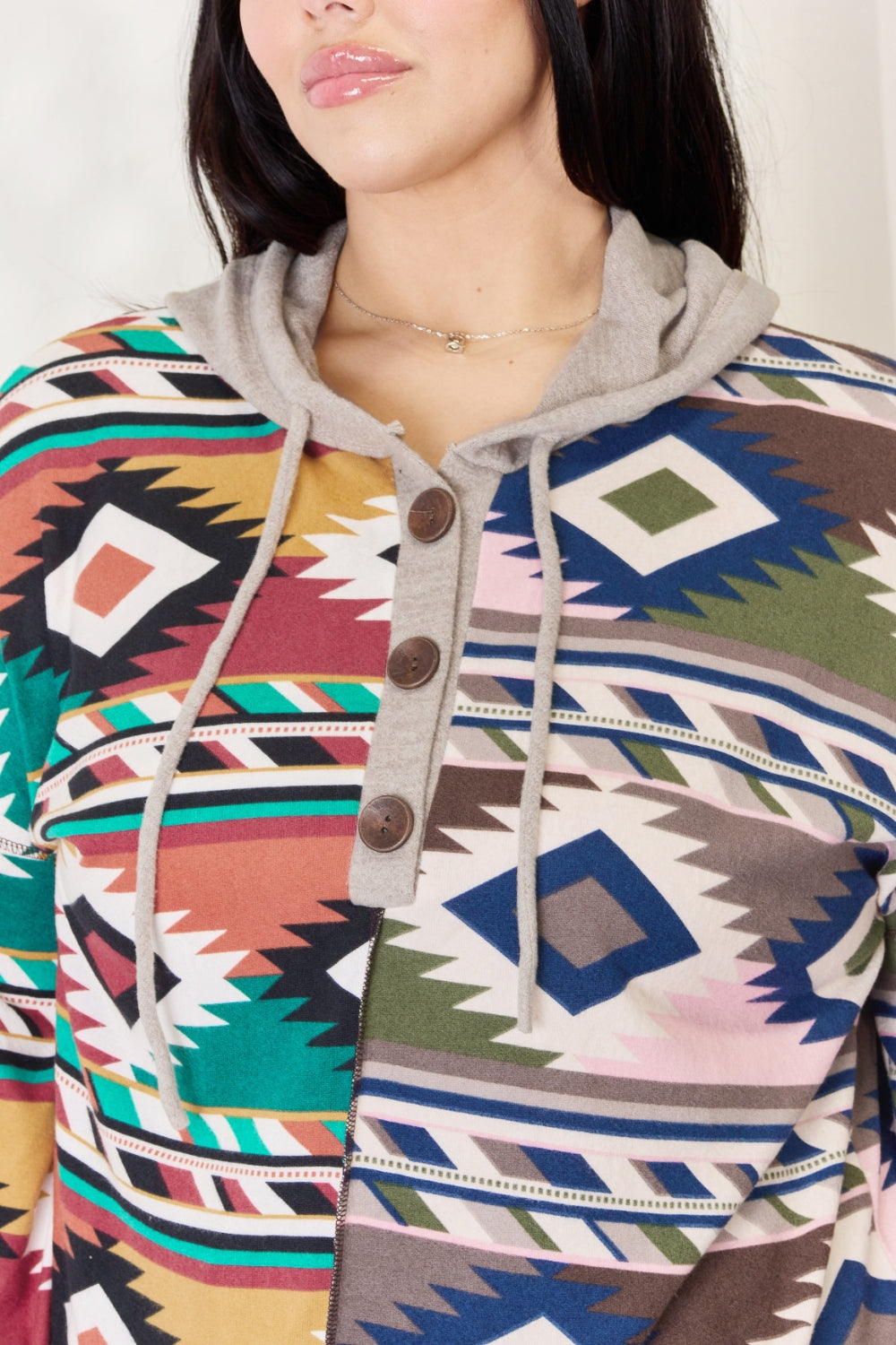 Full Size Geometric Exposed Seam Drawstring Hoodie
