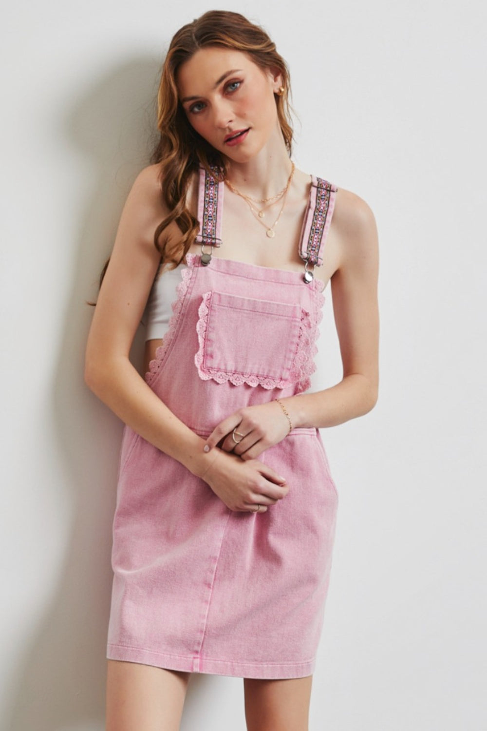 Sansplay Lace Trim Washed Overall Dress