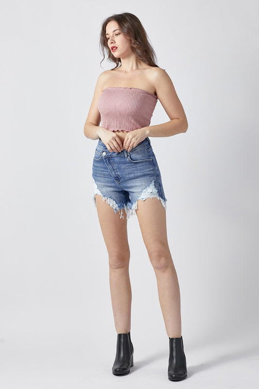 Sapphire Bloom Raw Hem Asymmetrical Waist Denim Shorts