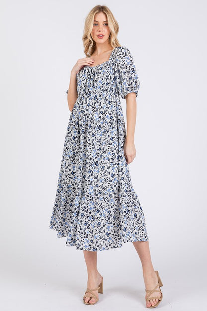 Whispers of Romance Floral Square Neck Puff Sleeve Midi Dress