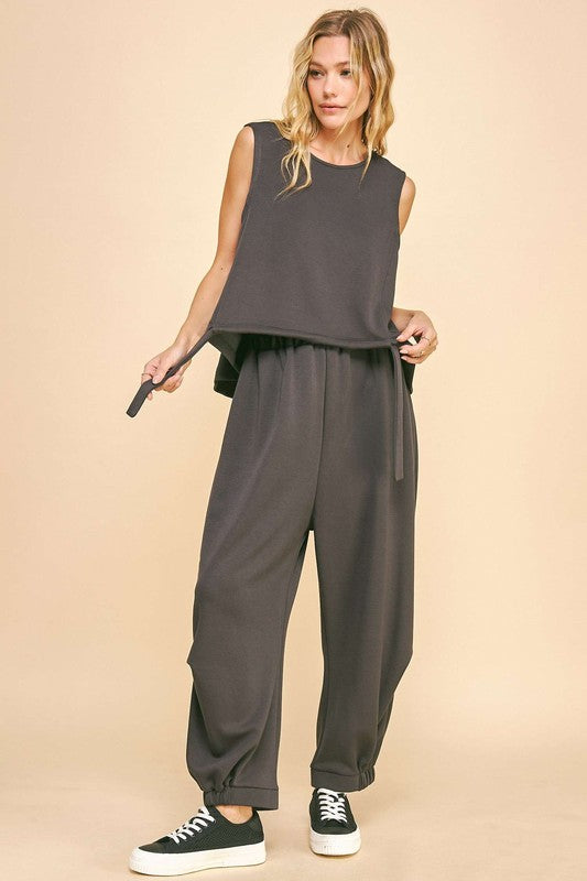 Sansplay Designer Set Drawstring Hem Round Neck Tank and Pants Set