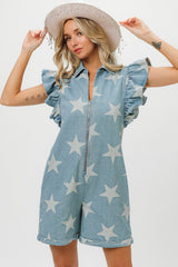 Denim Star Half Zip Denim Romper