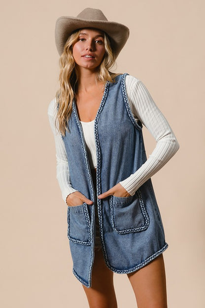 The Heirloom Braided Trim Open Front Denim Vest with Pockets